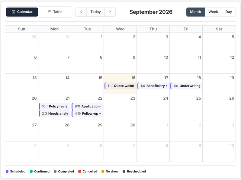 GOAT Leads app: My Calendar in month view for September 2026 with seven demo appointments such as Policy review and Quote walkthrough, and Month, Week and Day view switches.