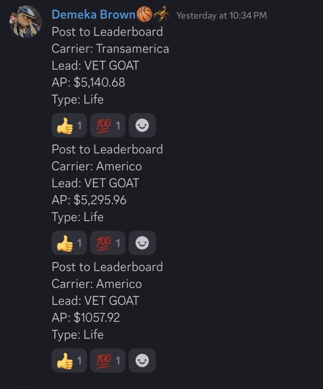 Real G.O.A.T. Leads agent win — leaderboard post, SMS, or policy issued