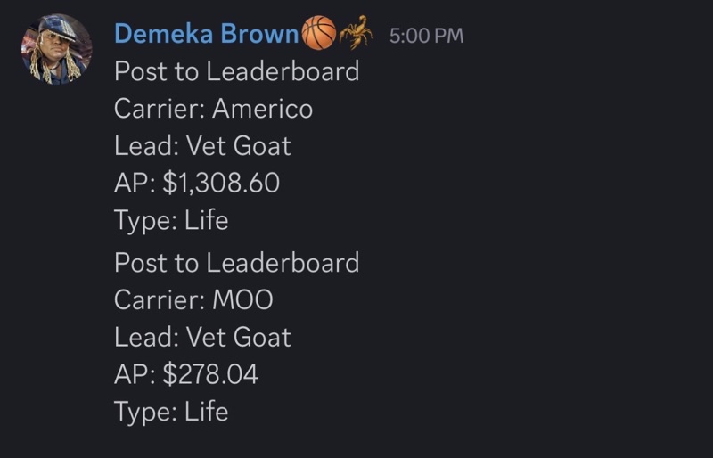 Real G.O.A.T. Leads agent win — leaderboard post, SMS, or policy issued