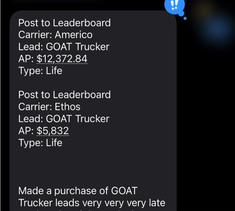 Real G.O.A.T. Leads agent win — leaderboard post, SMS, or policy issued