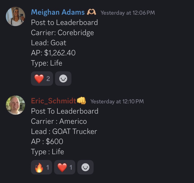 Real G.O.A.T. Leads agent win — leaderboard post, SMS, or policy issued