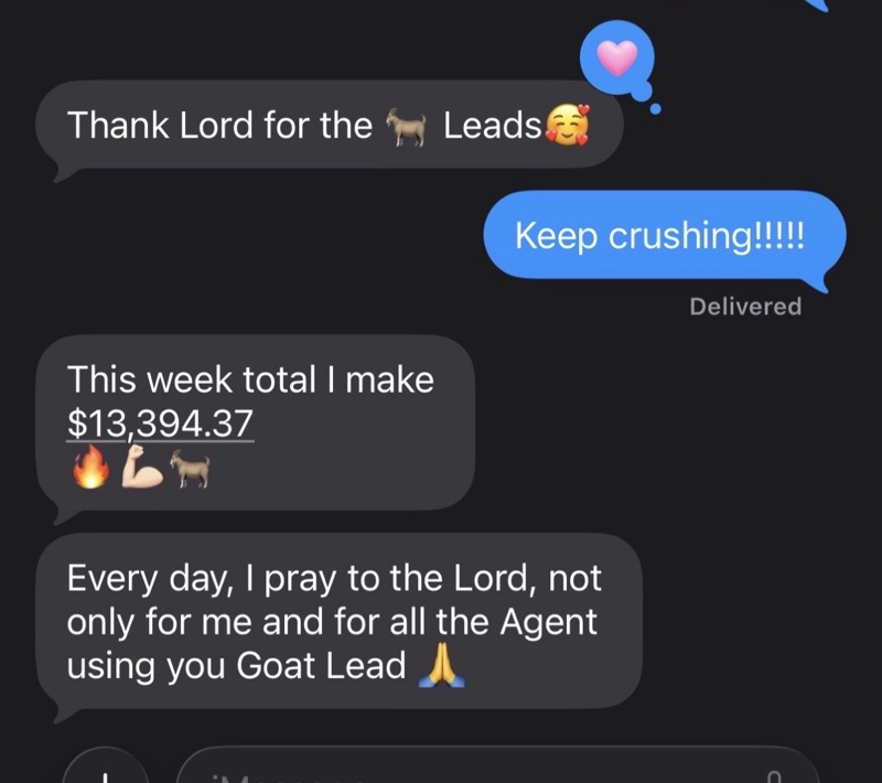 Real G.O.A.T. Leads agent win — leaderboard post, SMS, or policy issued