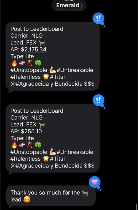 Real G.O.A.T. Leads agent win — leaderboard post, SMS, or policy issued