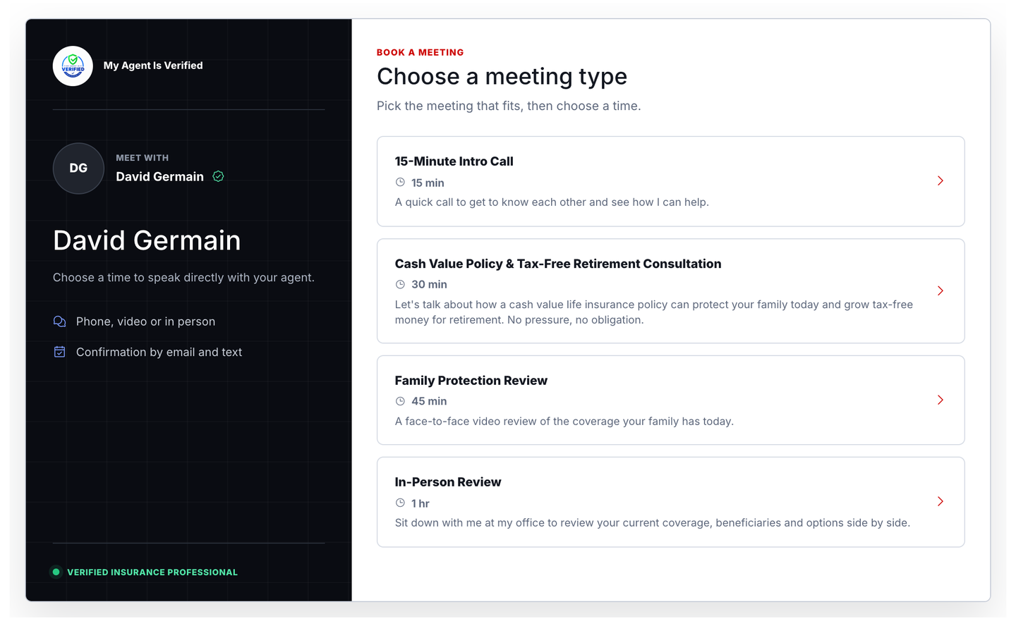 A client's view of an agent's booking page offering four events: a 15-Minute Intro Call, a 30-minute Cash Value Policy consultation, a 45-minute Family Protection Review and a 1-hour In-Person Review. Sample data.
