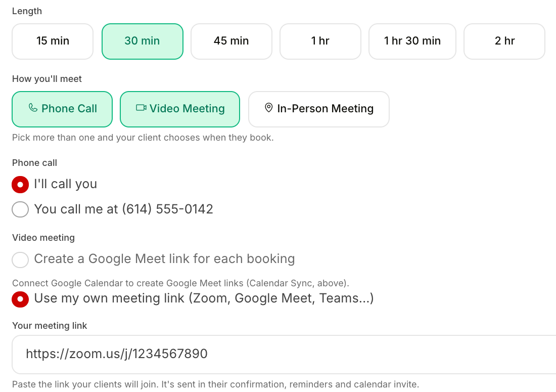 The event editor: Length buttons from 15 min to 2 hr, and How you'll meet with Phone Call and Video Meeting chosen and a Zoom link pasted as the agent's own meeting link. Sample data.