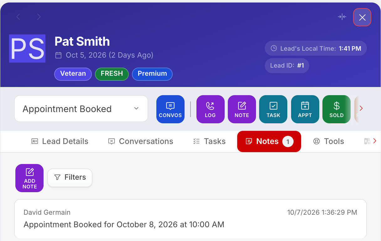 A lead panel showing the status Appointment Booked and the Notes tab with the note Appointment Booked for October 8, 2026 at 10:00 AM. Sample data.