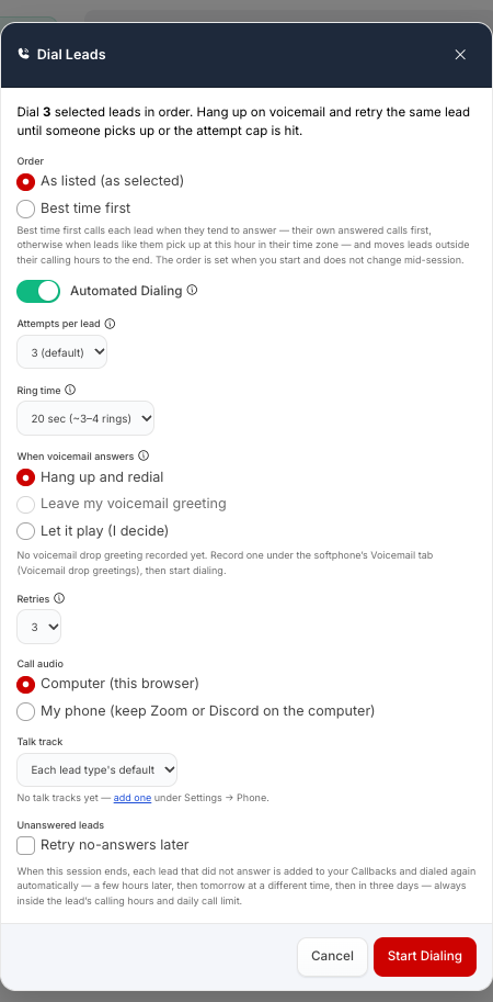 GOAT Connect Dial Leads window with Automated Dialing switched on.