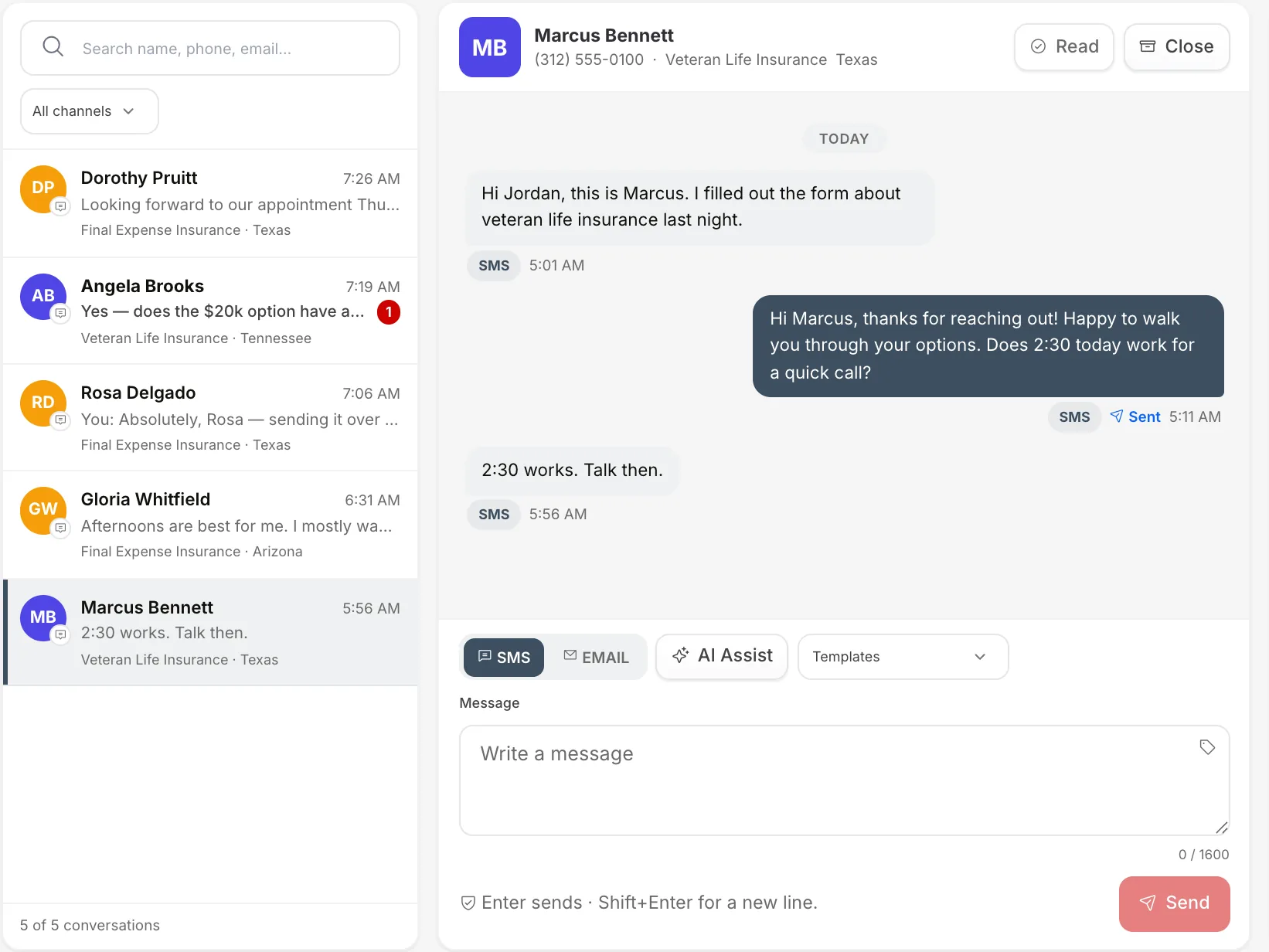 GOAT CRM conversation with fictional demo records, showing a prospect agreeing to a call time.