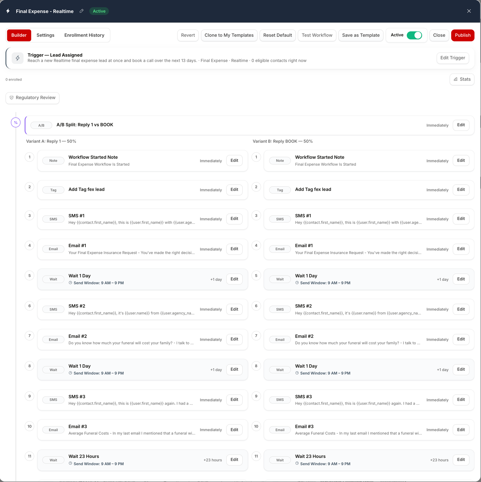 The workflow builder for Final Expense - Realtime: triggered when a lead is assigned, with an A/B split testing two reply prompts, followed by a note, a tag, texts, emails and one-day waits that only send between 9 AM and 9 PM. Sample data.