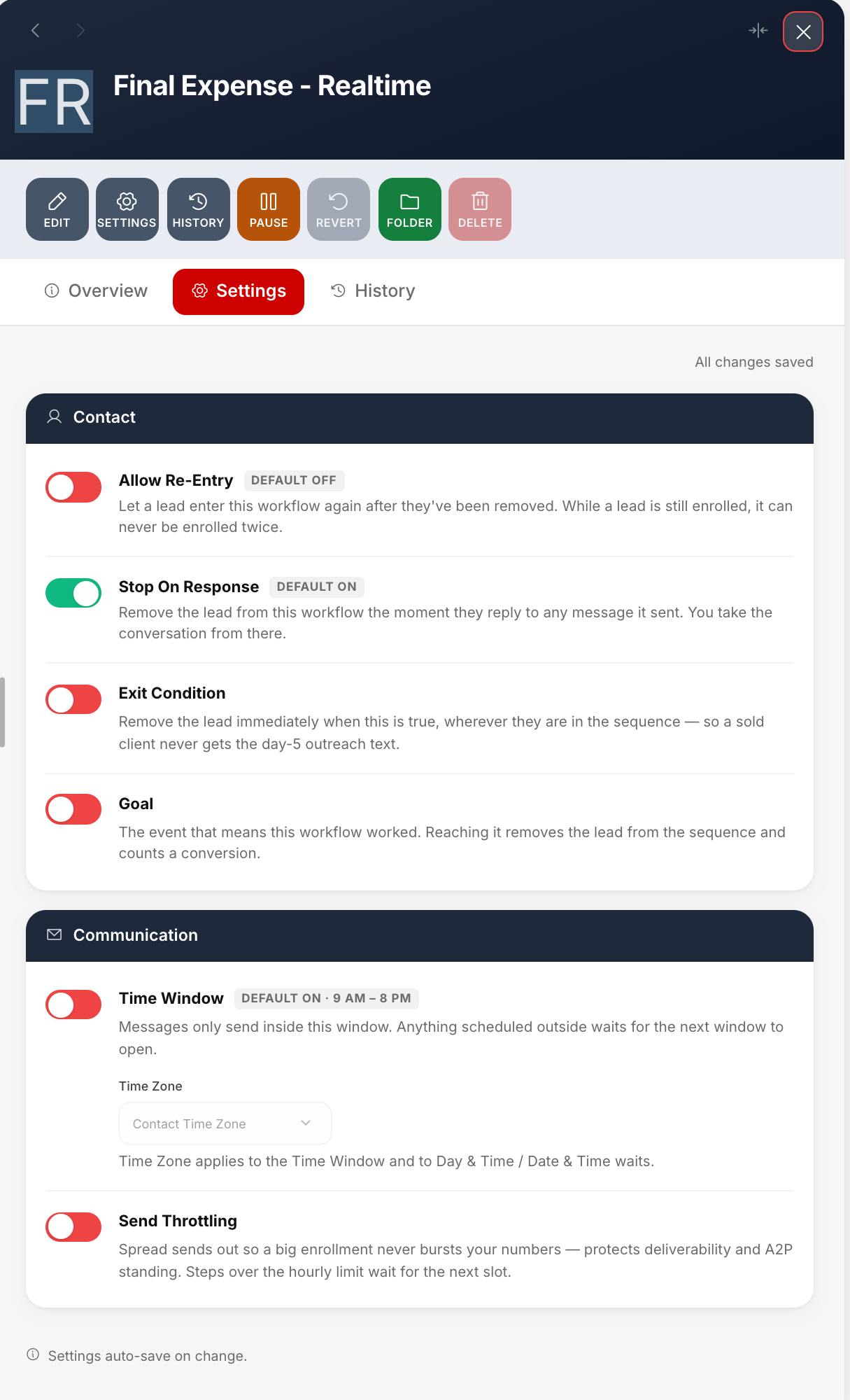 Workflow settings for Final Expense - Realtime: Allow Re-Entry off, Stop On Response on, Exit Condition and Goal off, plus Time Window and Send Throttling under Communication. Sample data.