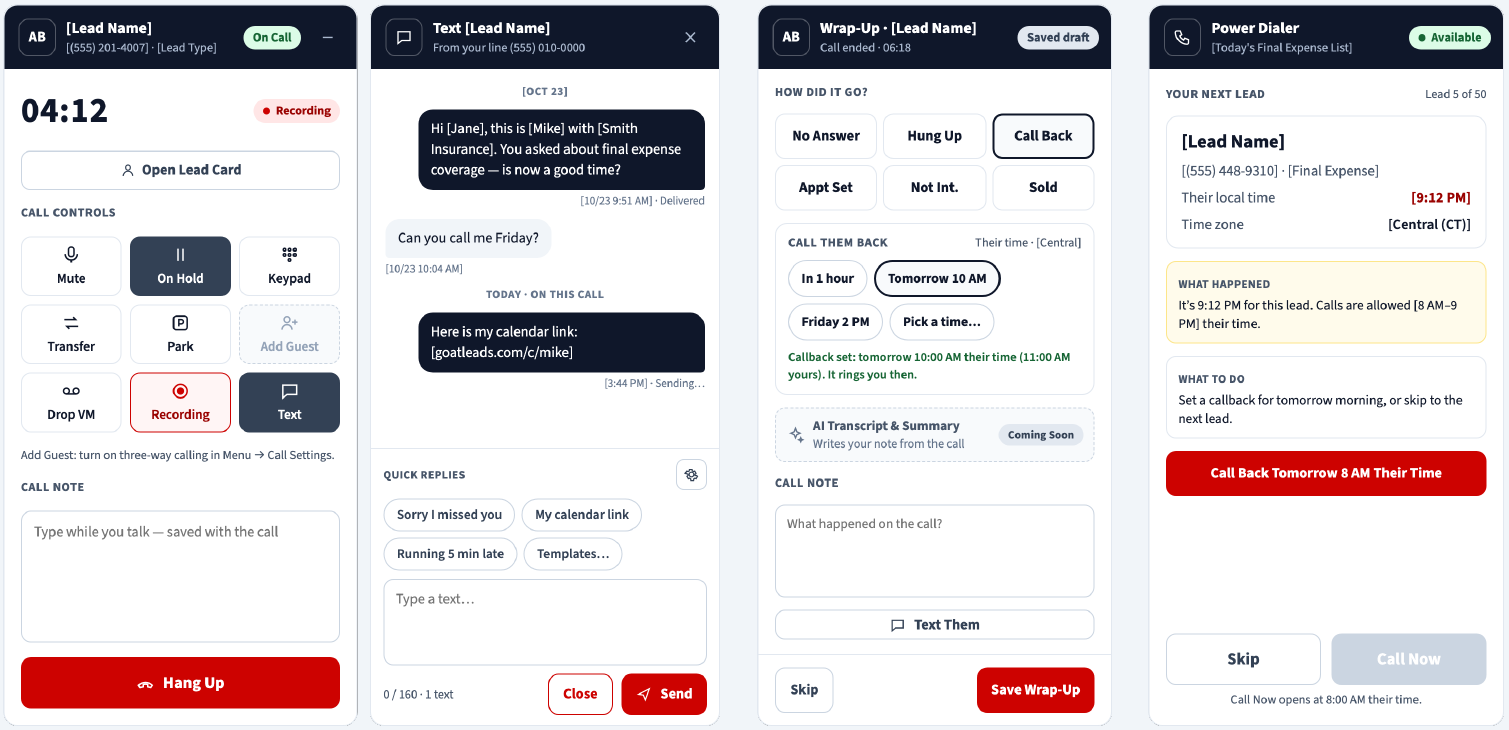 Text panel beside the live call, callback times on wrap-up, power dialer calling-hours notice