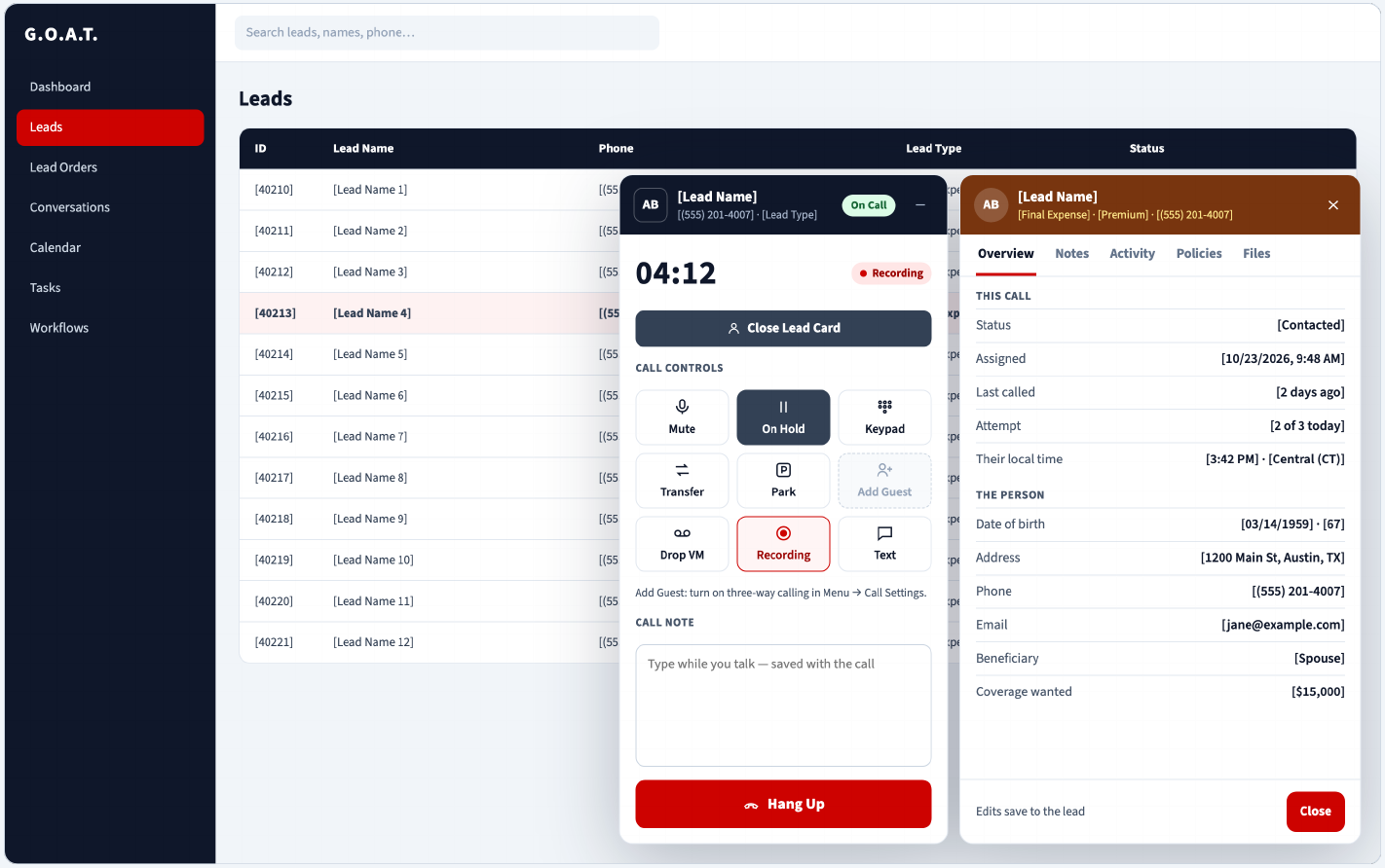 Lead Card open beside the live call