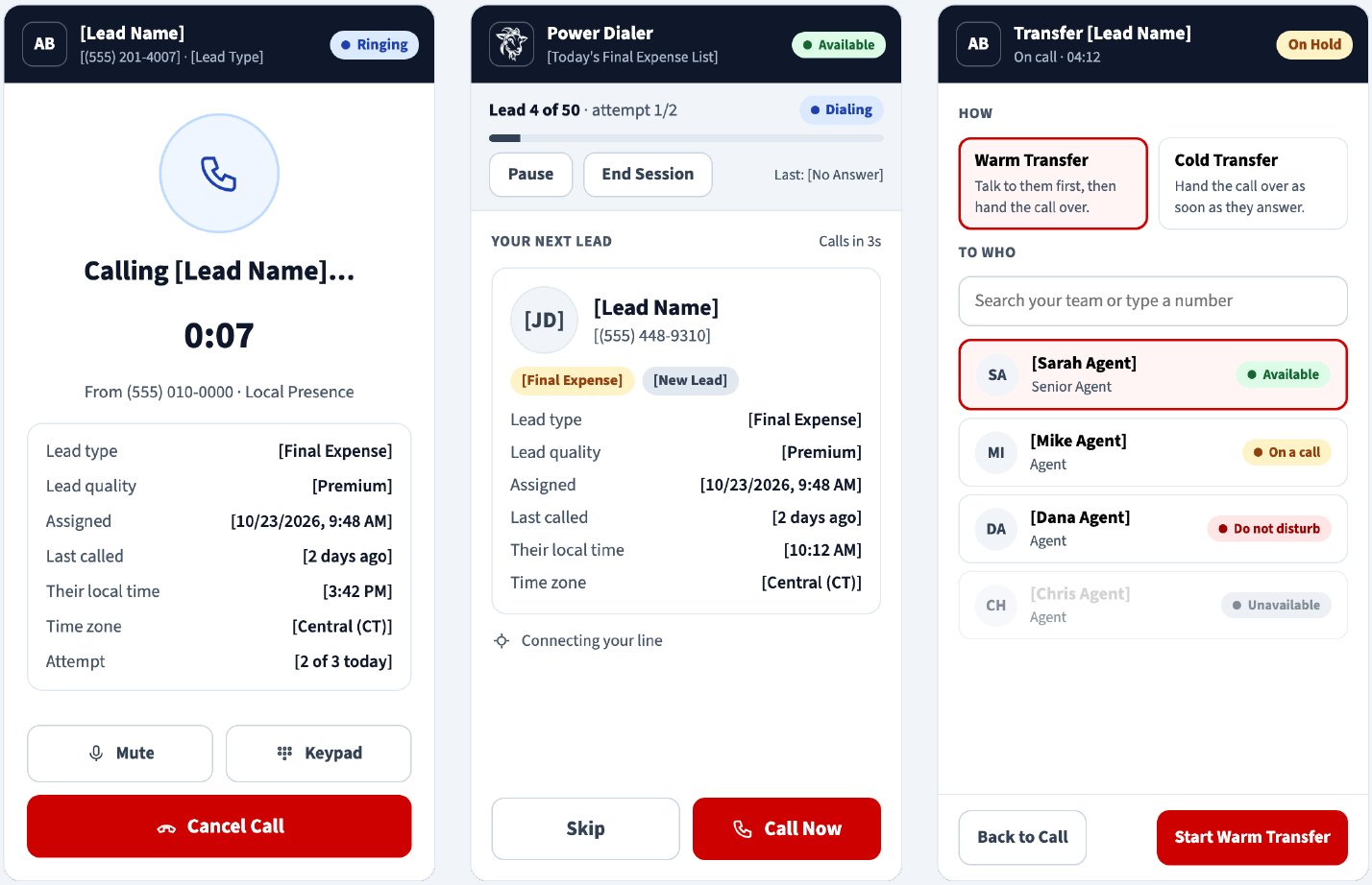 Outbound calling card, power dialer next lead, warm and cold transfer