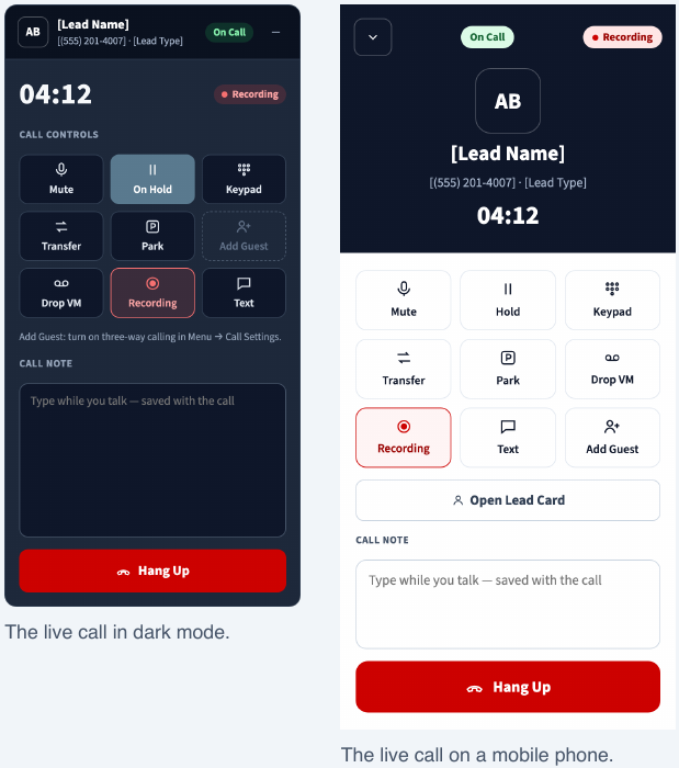 Live call in dark mode and on a mobile phone