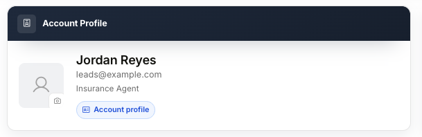 The Account Profile card with the photo upload icon