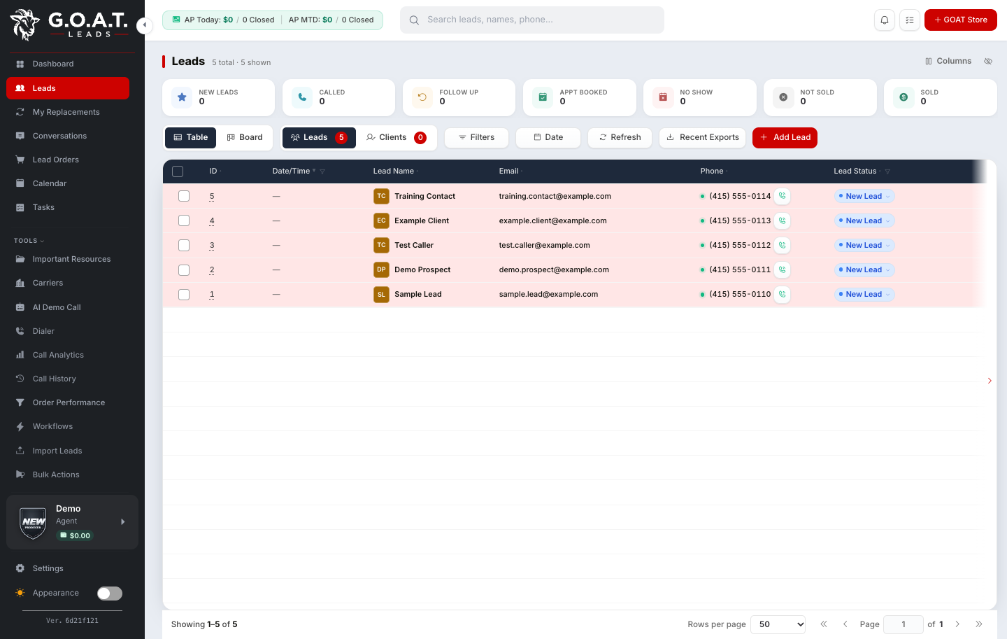 The GOAT CRM Leads screen: status counts across the top (New Leads, Called, Follow Up, Appt Booked, No Show, Not Sold, Sold), a call button beside every phone number, and the Add Lead button. Sample data.