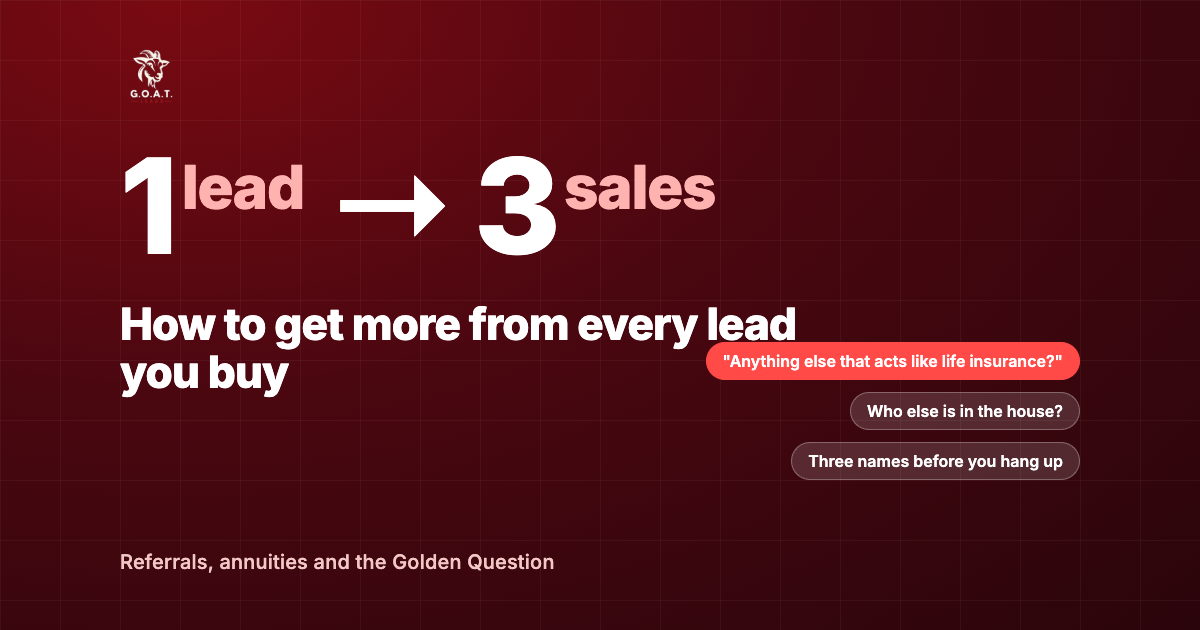 1 lead to 3 sales: how to get more from every lead you buy. Referrals, annuities and the Golden Question, on a dark maroon GOAT Leads cover