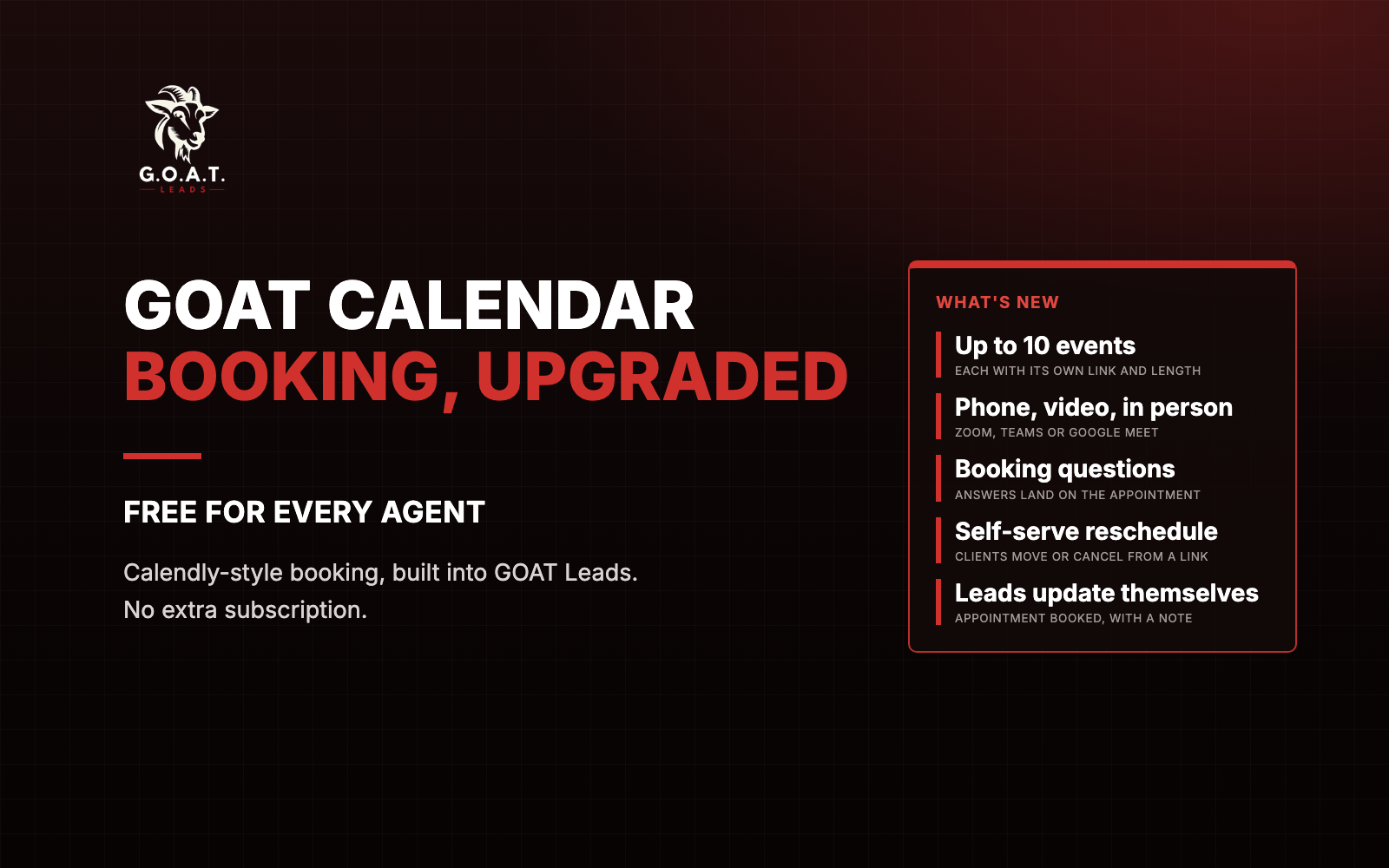 GOAT Calendar, booking upgraded and free for every agent: up to 10 events, phone, video or in person, booking questions, self-serve reschedule, and leads that update themselves.