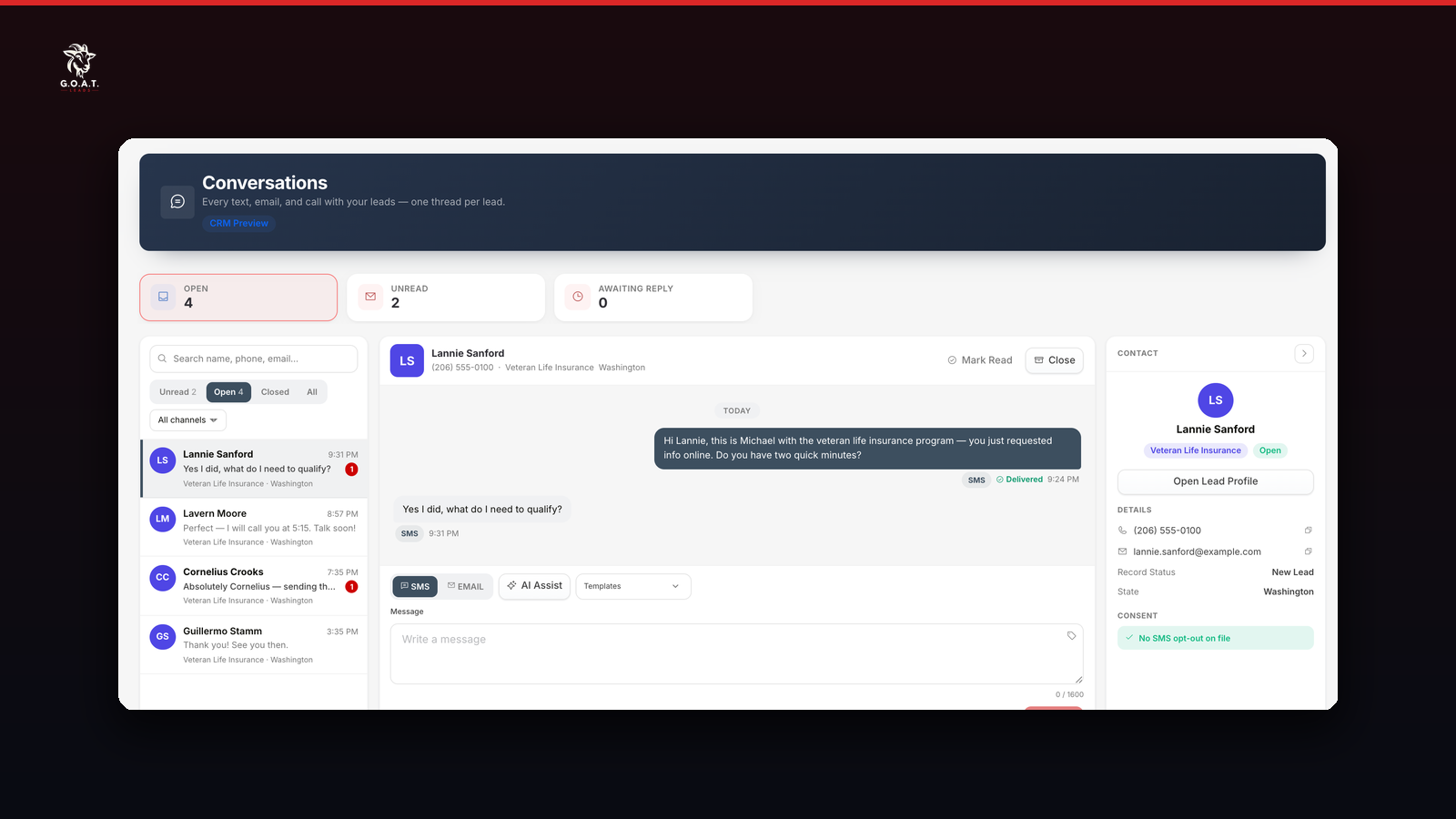 GOAT CRM Conversations inbox, framed on the GOAT Leads launch card
