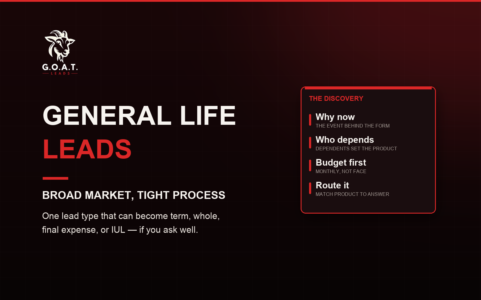 General life leads - broad market, tight process