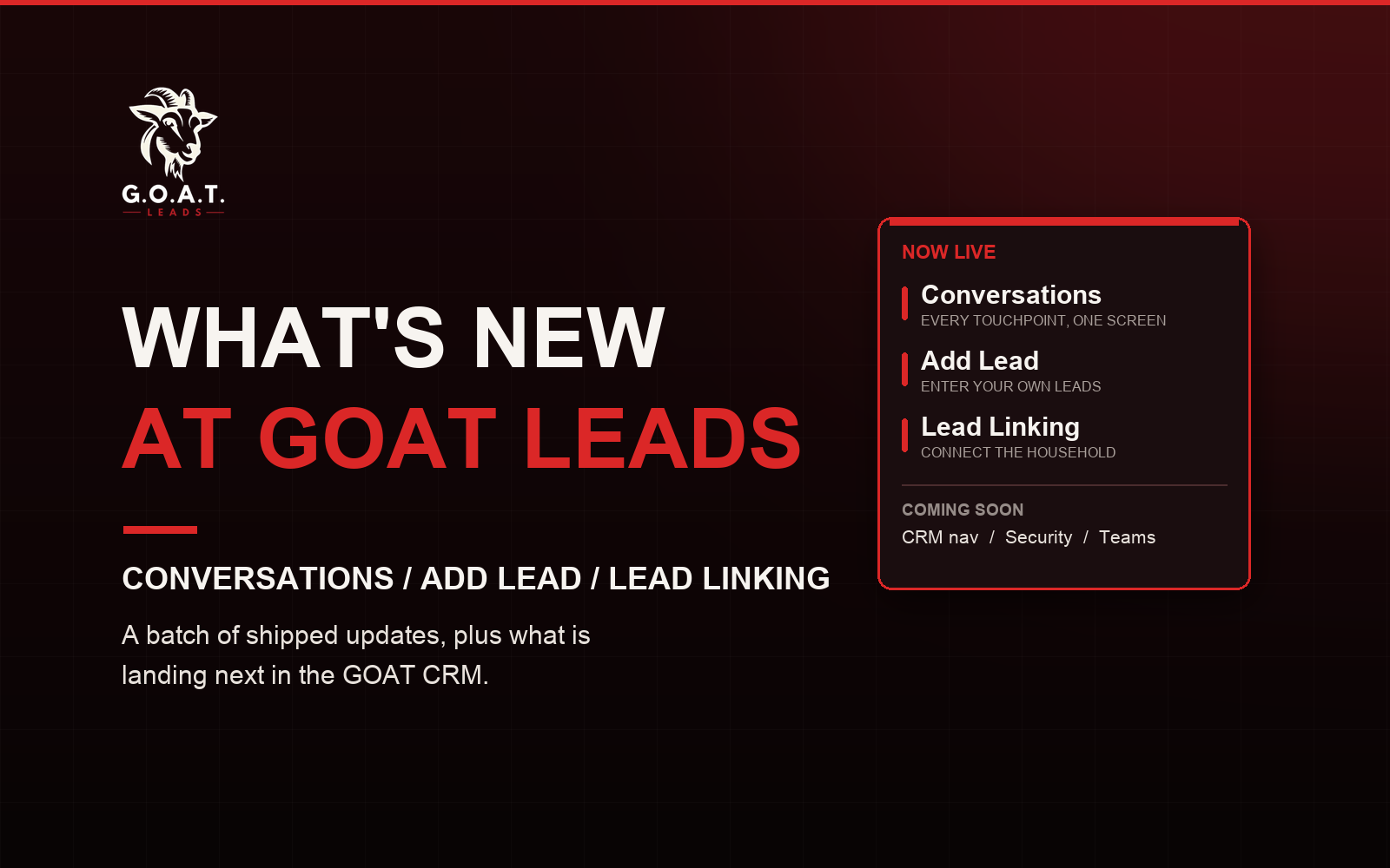 What's new at GOAT Leads - Conversations, Add Lead, Lead Linking